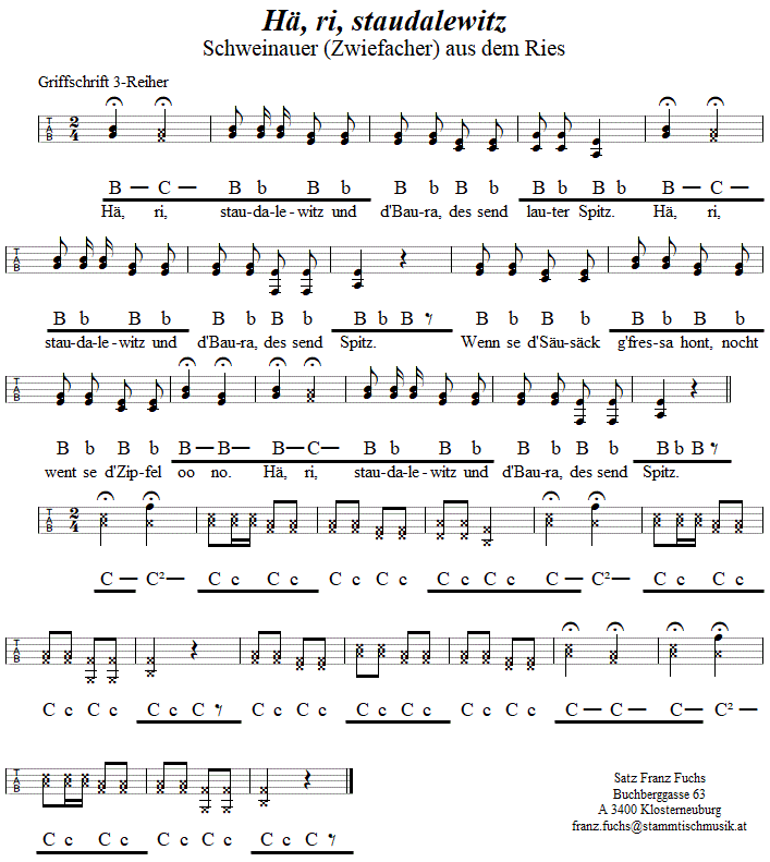 Hä, ri, staudalewitz, Schweinauer (Zwiefacher) aus dem Schwarzwald in Griffschrift für Steirische Harmonika