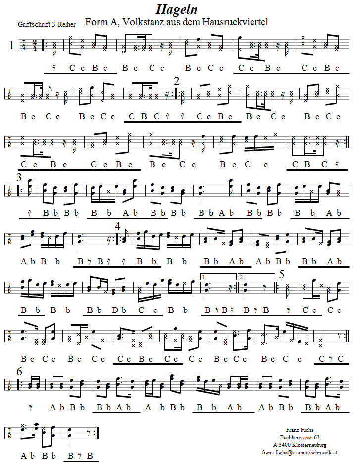 Hageln, Form A, in Griffschrift für Steirische Harmoniika