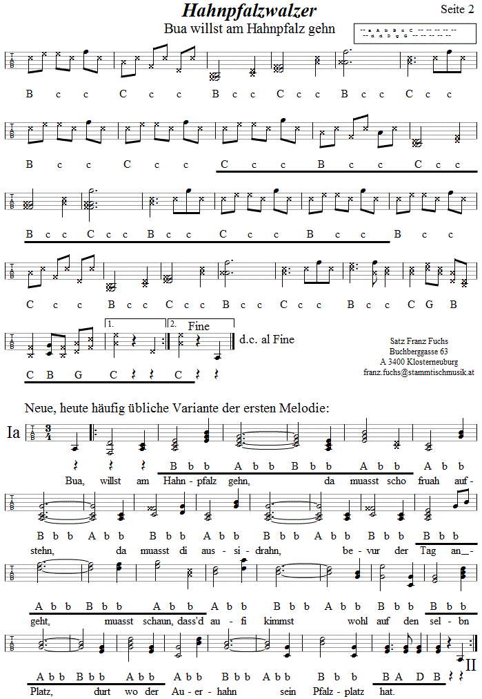 Hahnpfalzwalzer, in Griffschrift für Steirische Harmonika