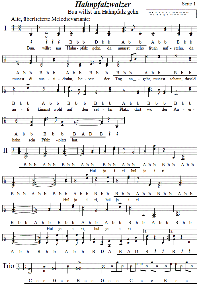 Hahnpfalzwalzer, in Griffschrift für Steirische Harmonika