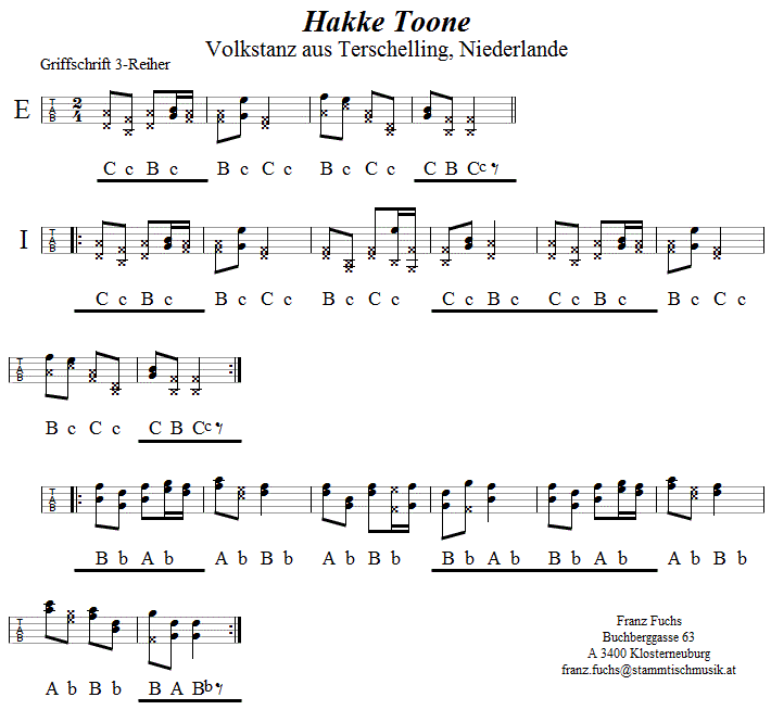 Hakke Toone, in Griffschrift für Steirische Harmonika