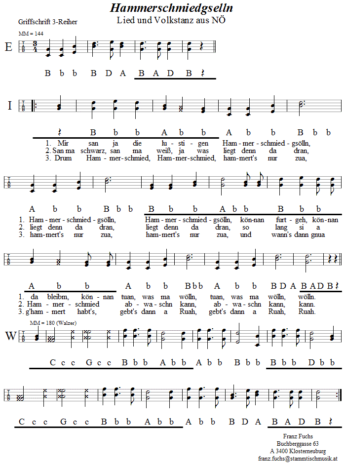 Hammerschmiedgselln (Klatschwalzer) in Griffschrift - Musik zum Volkstanz