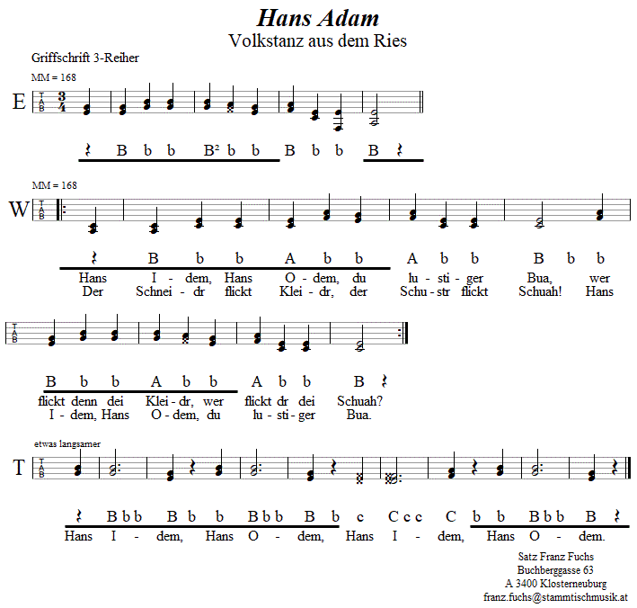 Hans Adam aus dem Ries, in Griffschrift für Steirische Harmonika