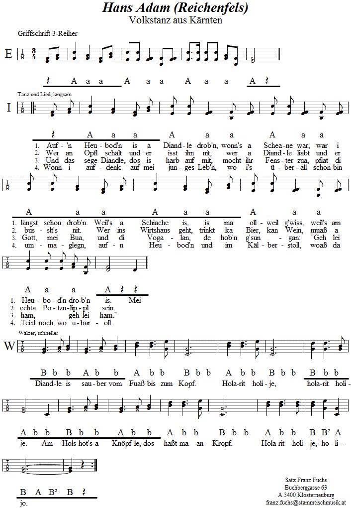 Hans Adam aus Reichenfels, in Griffschrift für Steirische Harmonika