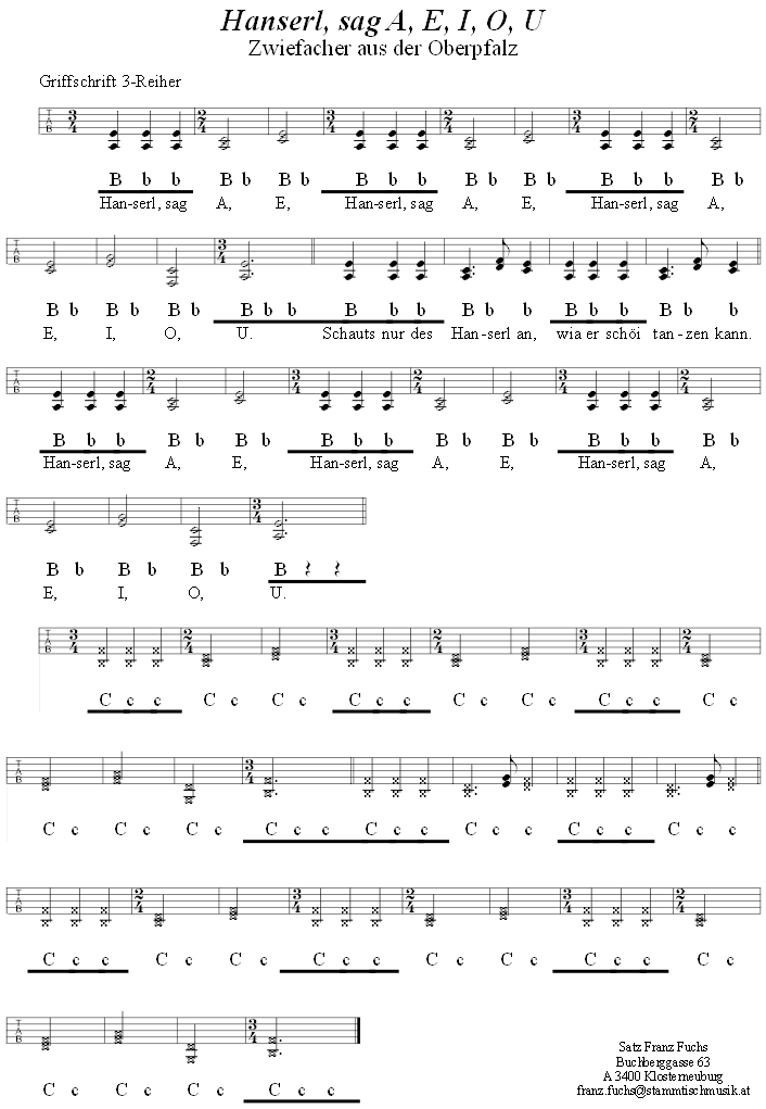 Hanserl, sag A. E, I, O, U, Zwiefacher in Griffschrift für Steirische Harmonika