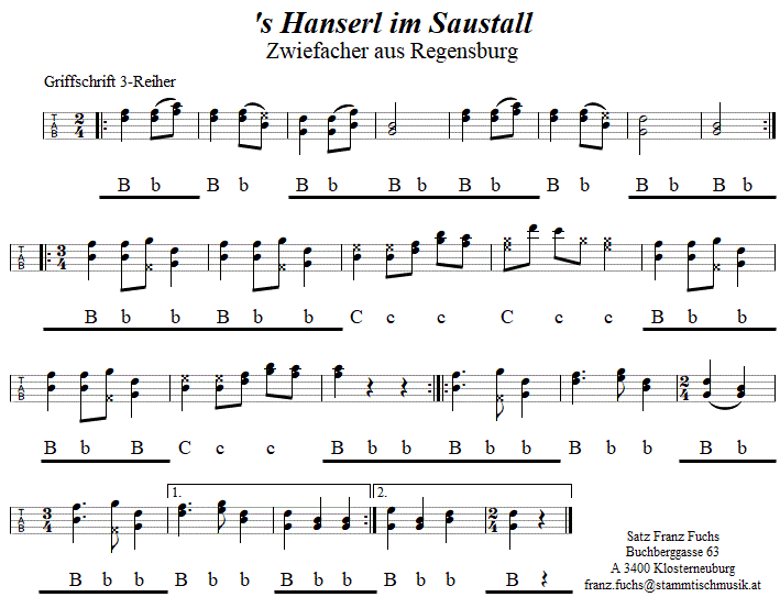 's Hanserl am Saustall, Zwiefacher in Griffschrift für Steirische Harmonika