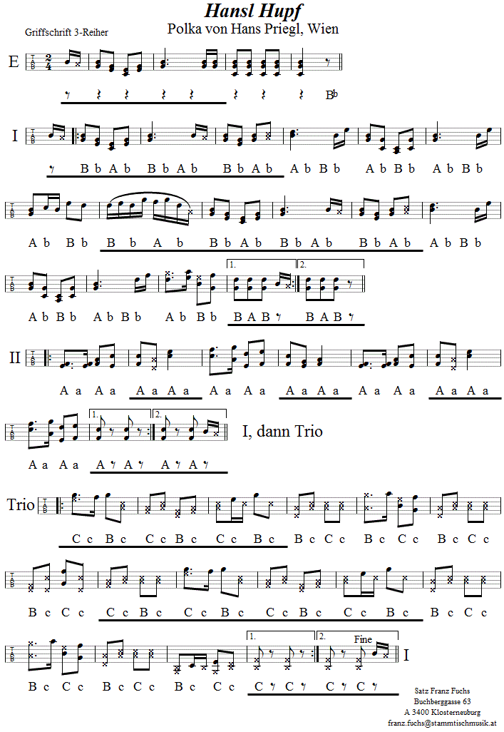 Hansl Hupf Polka von Hand Priegl in Griffschrift für steirische Harmonika - Noten aus dem Repertoire