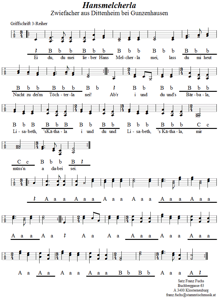 Hansmelcherla, Zwiefacher in Griffschrift für Steirische Harmonika