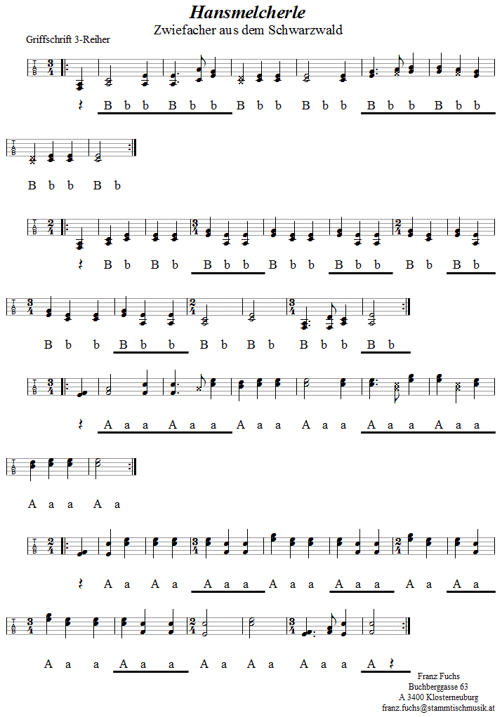 Hansmelcherle - Zwiefacher aus dem Schwarzwald in Griffschrift für Steirische Harmonika