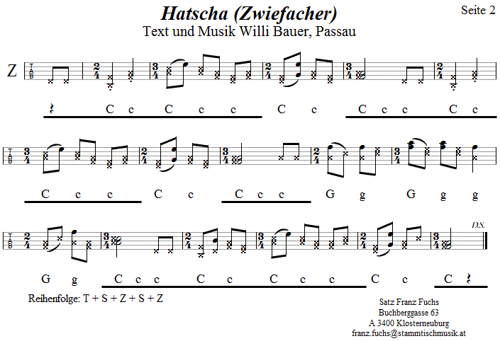 Hatscha, Zwiefacher von Willi Bauer in Griffschrift für Steirische Harmonika