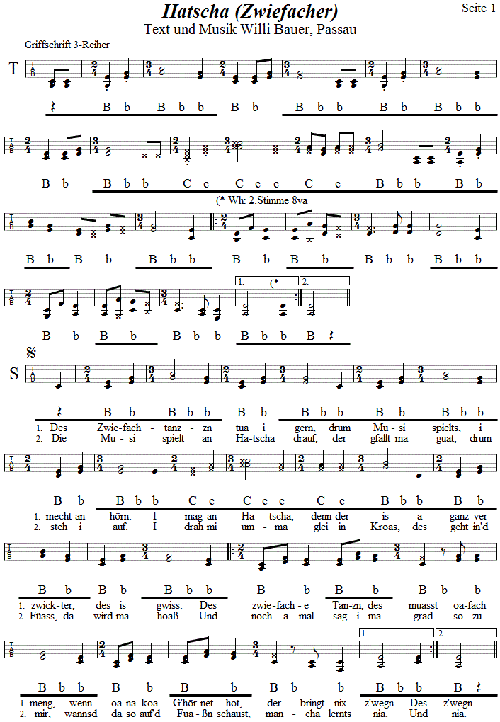 Hatscha, Zwiefacher von Willi Bauer in Griffschrift für Steirische Harmonika