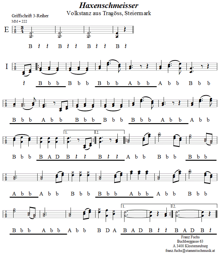 Haxenschmeißer, in Griffschrift für Steirische Harmonika