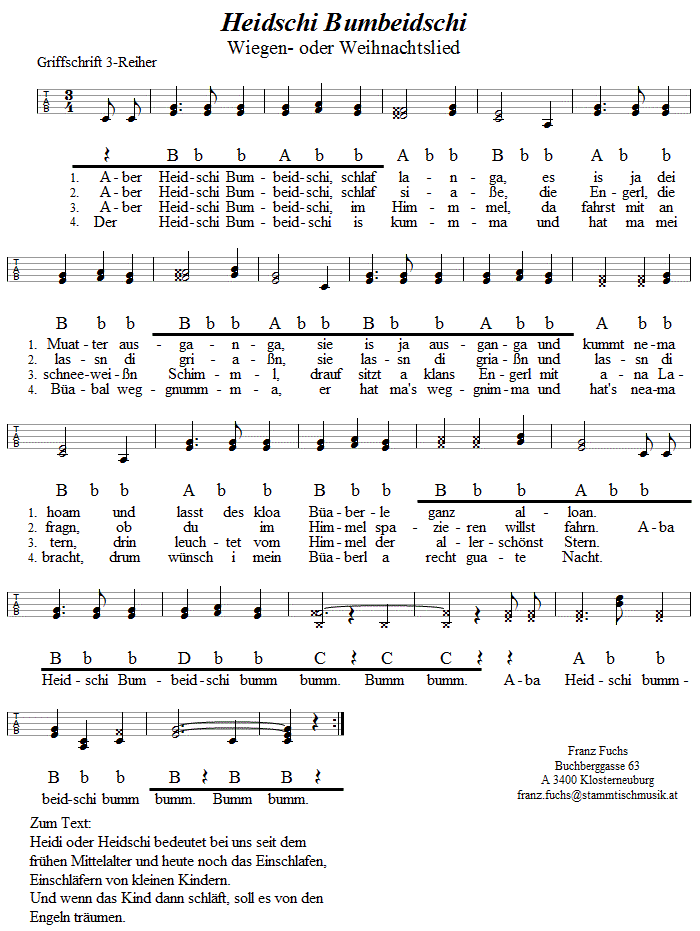 Aber Heidschi Bumbeidschi, Weihnachtslied in Griffschrift für Steirische Harmonika