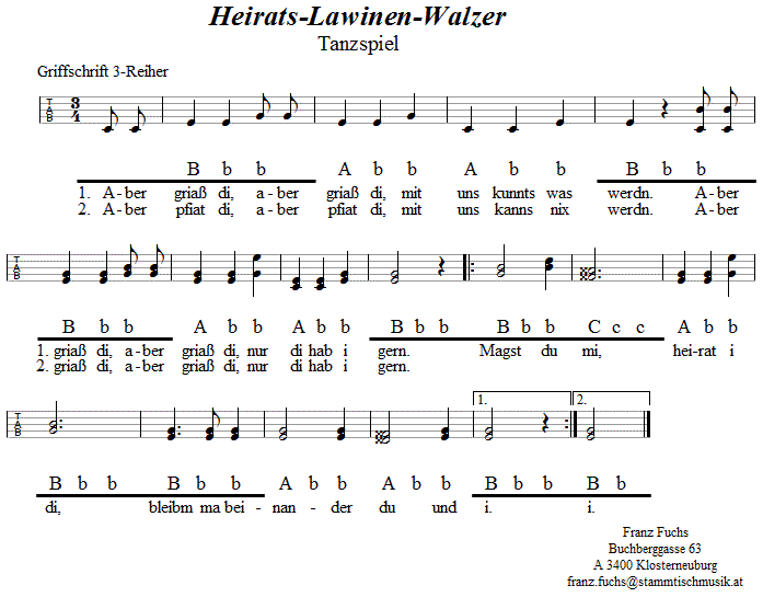 Heiratslawinenwalzer in Griffschrift für steirische Harmonika - Musik zum Volkstanz - Volksmusik und Volkstanz