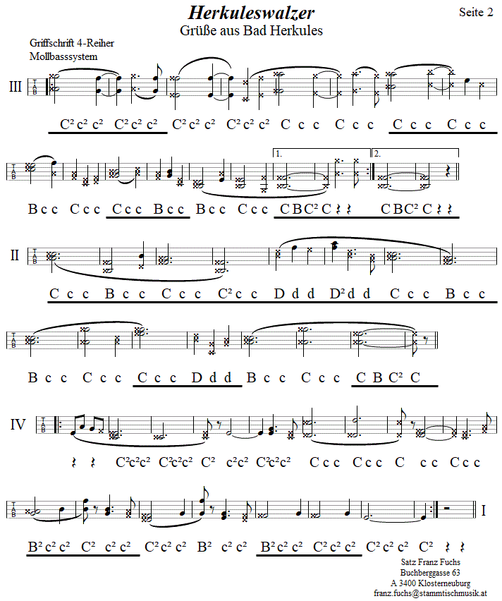 Herkuleswalzer von Pazeller (Grüße aus Bad Herkules) in Griffschrift für Steirische Harmonika