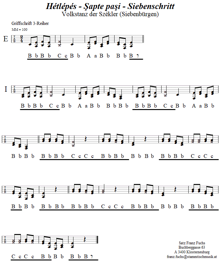 Hétlépés - Siebenschritt, in Griffschrift für Steirische Harmonika