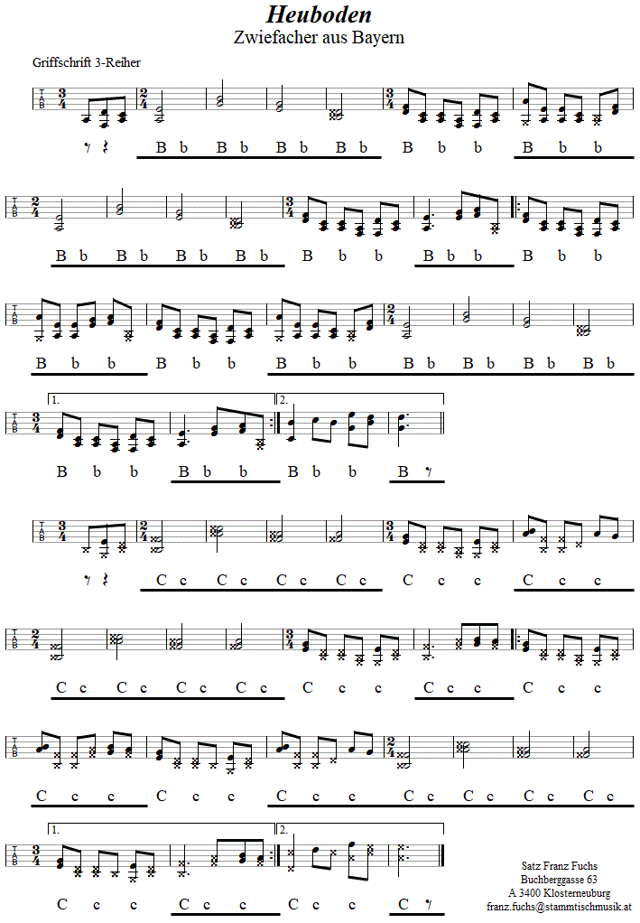 Heuboden, Zwiefacher aus Bayern in Griffschrift für Steirische Harmonika