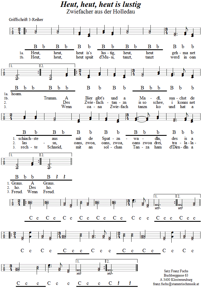 Heut, heut, heut is lustig, Zwiefacher In Griffschrift für Steirische Harmonika