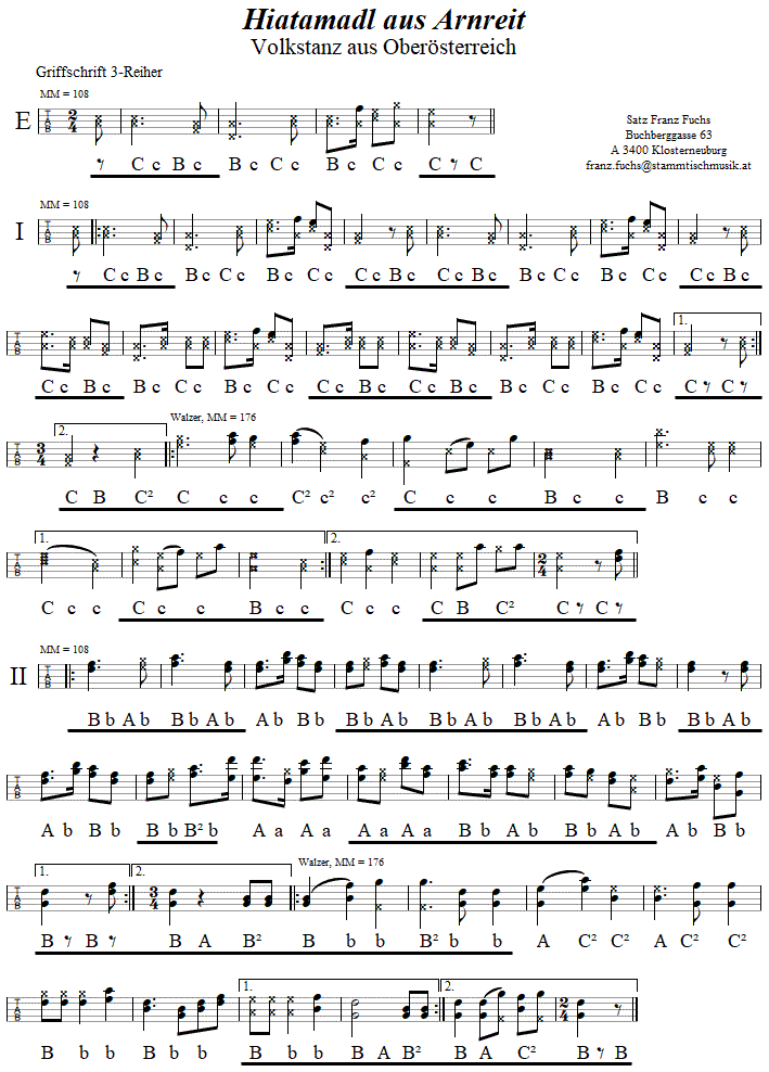 Hiatamadl aus Arnreit, in Griffschrift für Steirische Harmonika