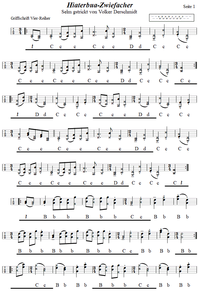 Hiaterbua, Zwiefacher von Volker Derschmidt in Griffschrift für Steirische Harmonika