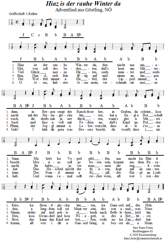 Hiaz is der rauhe Winter da, Weihnachtslied in Griffschrift für Steirische Harmonika