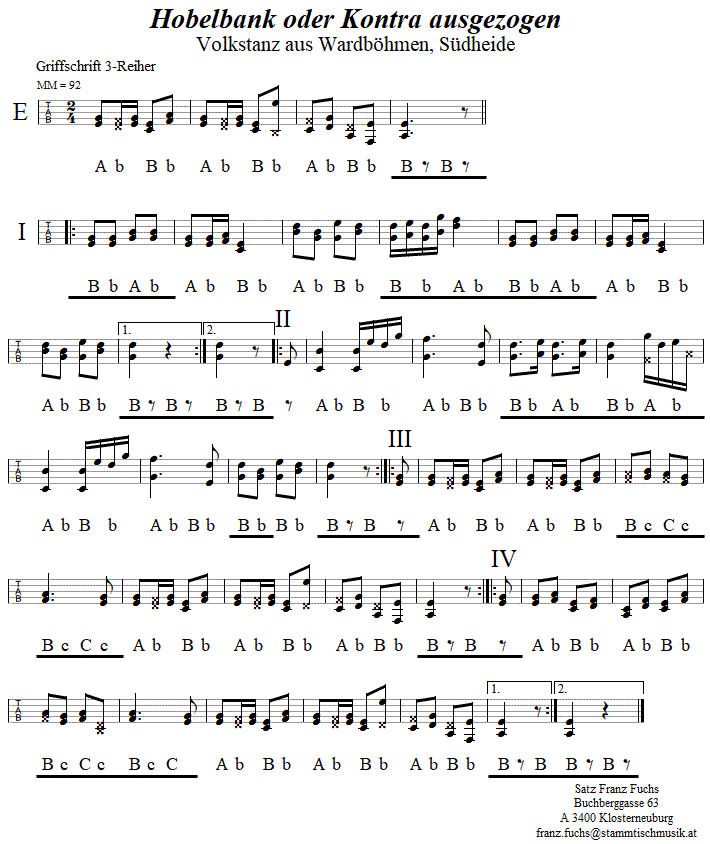 Hobelbank oder Kontra ausgezogen, in Griffschrift für Steirische Harmonika