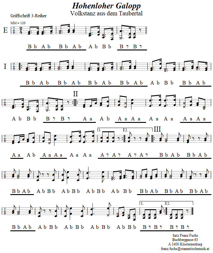 Hohenloher Galopp, in Griffschrift für Steirische Harmonika