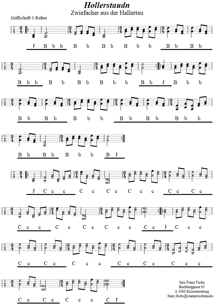 Hollerstaudn, Zwiefacher in Griffschrift für Steirische Harmonika