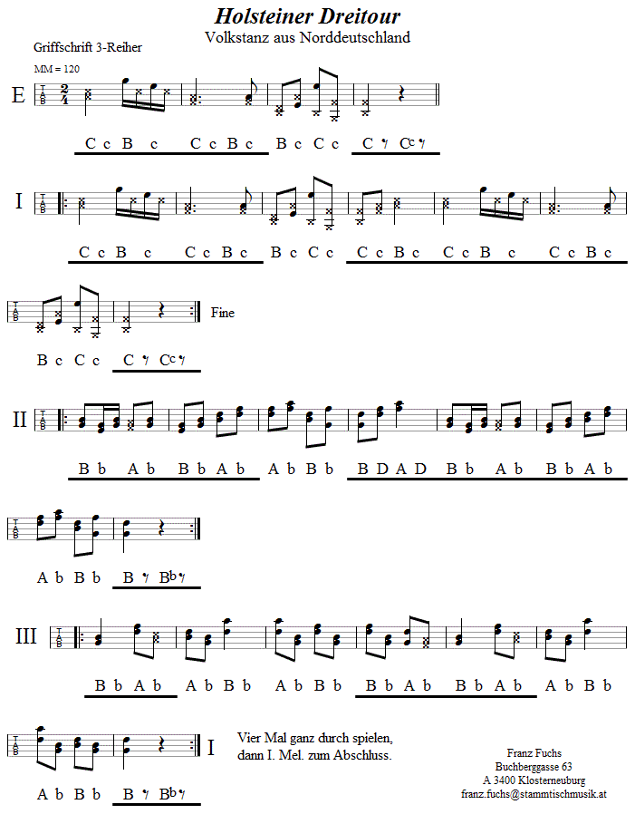 Holsteiner Dreitour Griffschrift - Musik zum Volkstanz - Volksmusik und Volkstanz