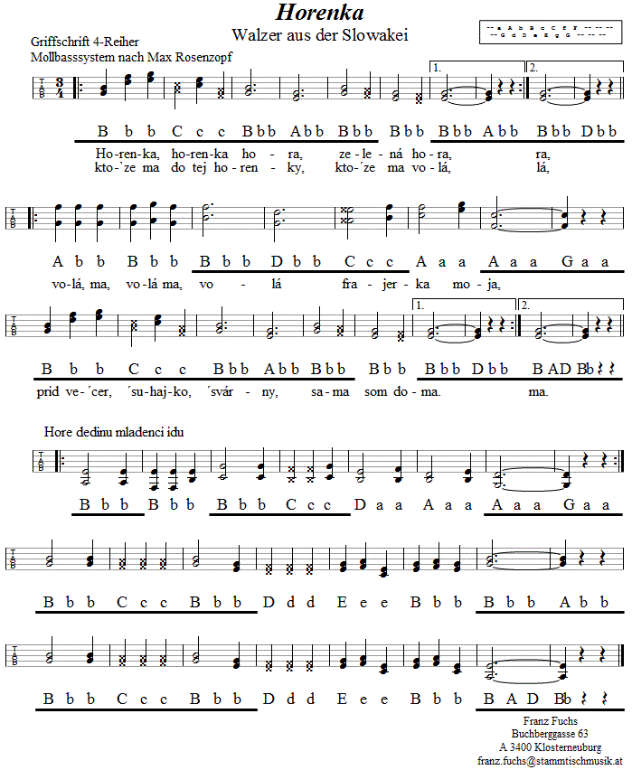 Horenka, Walzer aus der Slowakei in Griffschrift für Vierreihige Steirische Harmonika