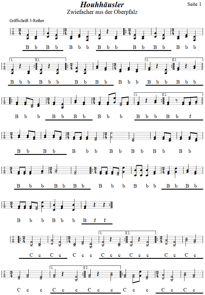 Houhhäusler, Zwiefacher, in Griffschrift für Steirische Harmonika