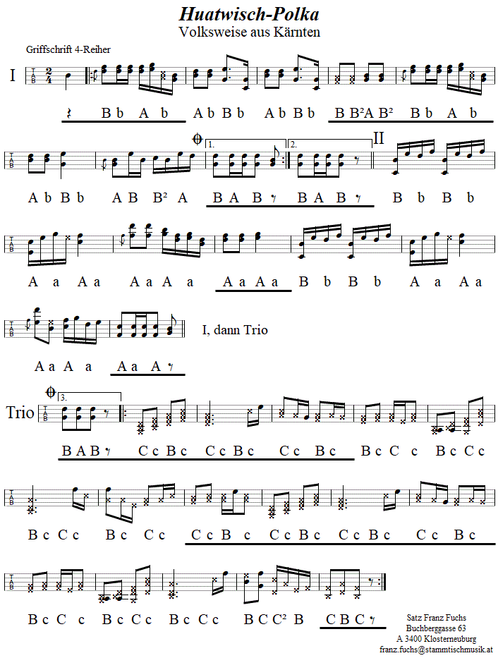 Huatwisch-Polka (Polka aus Kärnten), in Griffschrift für Steirische Harmonika