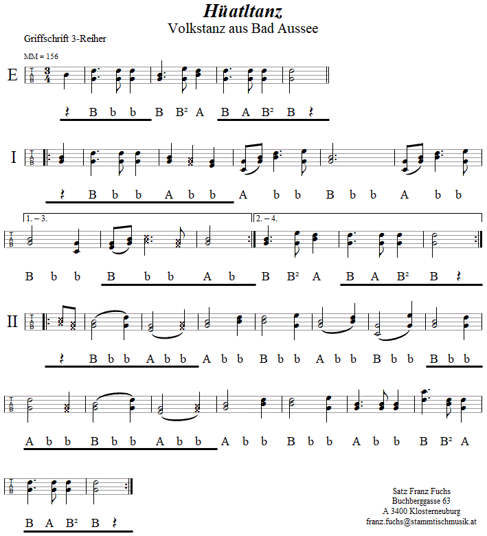 Hüatltanz, in Griffschrift für Steirische Harmonika