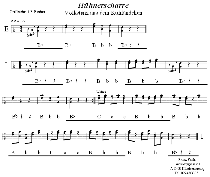 Hühnerscharre (Hienerschorr) in Griffschrift für Steirische Harmonika