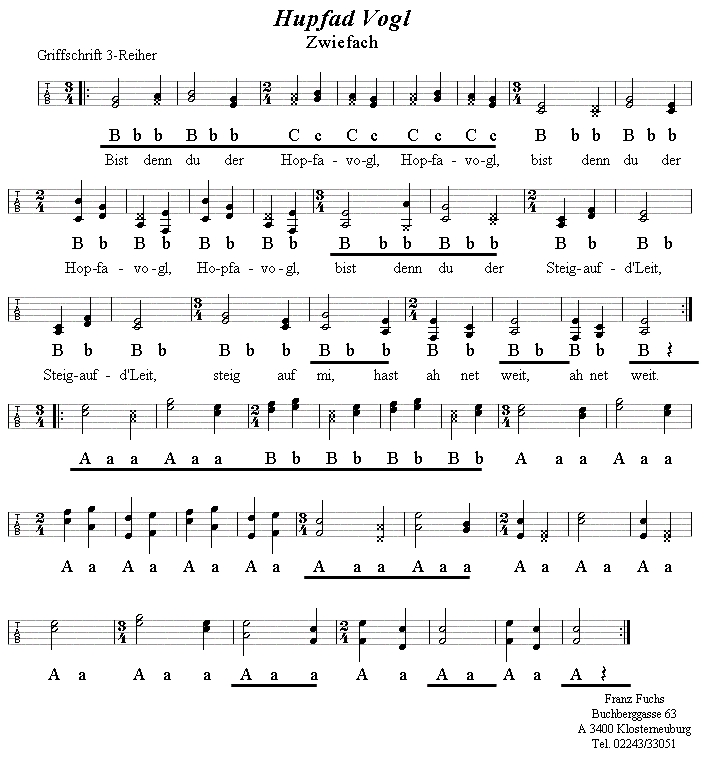 Hupfad Vogl Zwiefacher aus dem Egerland, in Griffschrift für Steirische Harmonika