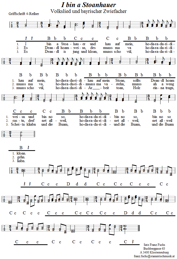 I bin a Stoanhauer Zwiefacher, in Griffschrift für Steirische Harmonika