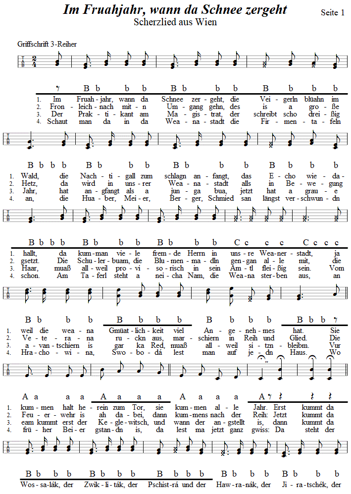 Im Fruahjahr, wann da Schnee zergeht - in Griffschrift für Steirische Harmonika