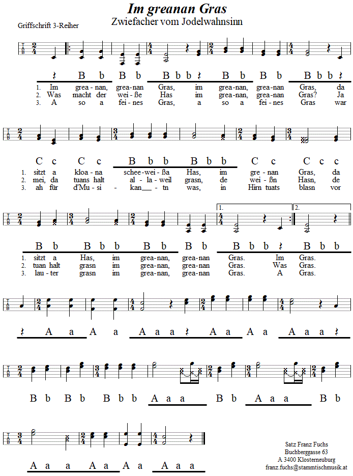 Im greanan Gras, Zwiefacher in Griffschrift für Steirische Harmonika