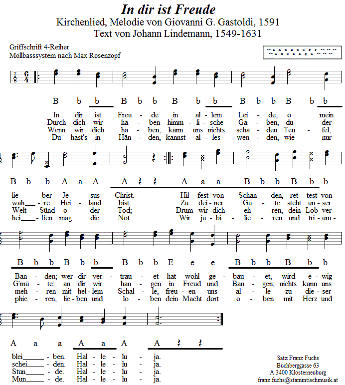 In dir ist Freude, Kirchenlied in Griffschrift für Steirische Harmonika