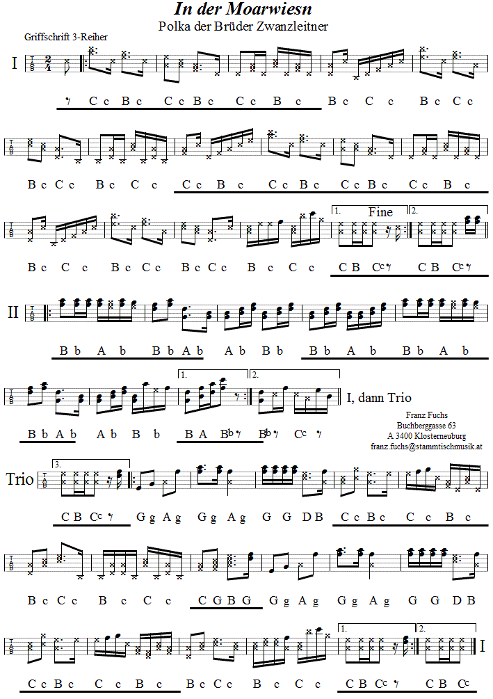 In der Moarwiesn, Geschwister Zwanzleitner, Griffschrift für Steirische Harmonika