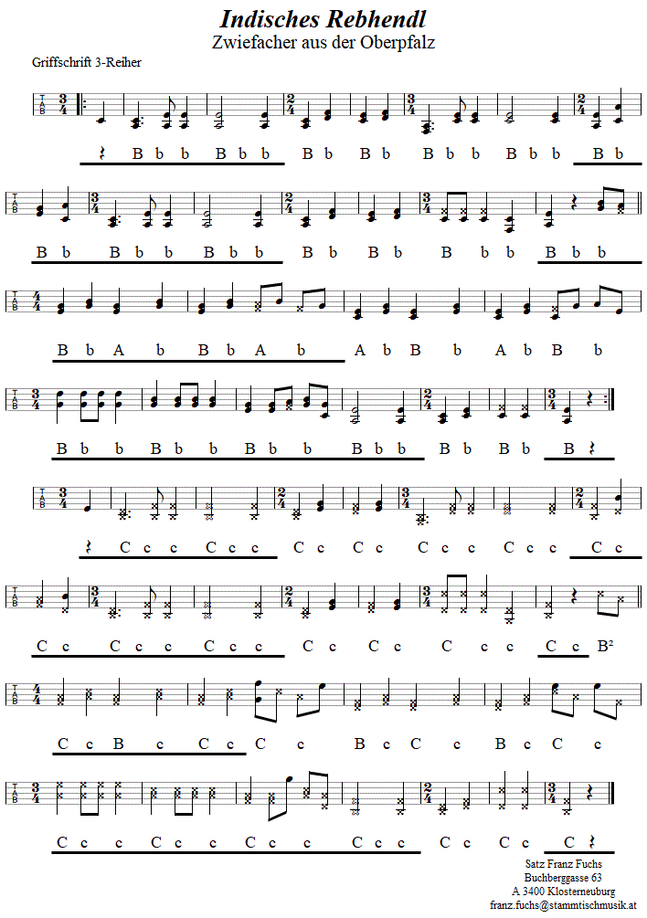 Indisches Rebhendl, Driefacher in Griffschrift für Steirische Harmonika