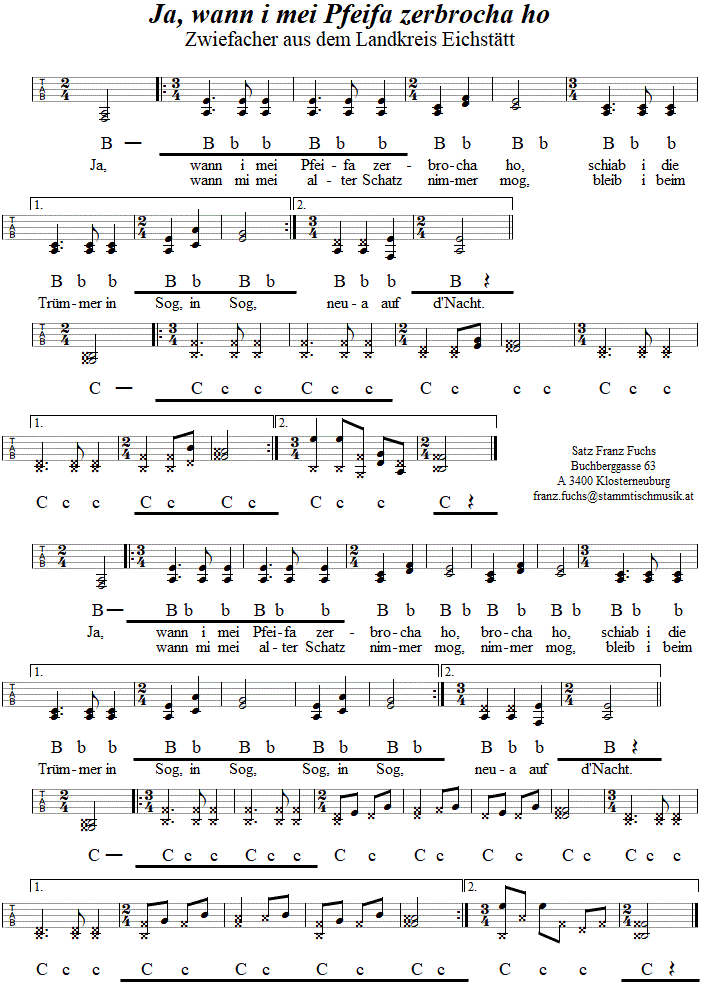 Ja wann i mei Pfeifa zerbrocha ho, Zwiefacher in Griffschrift für Steirische Harmonika