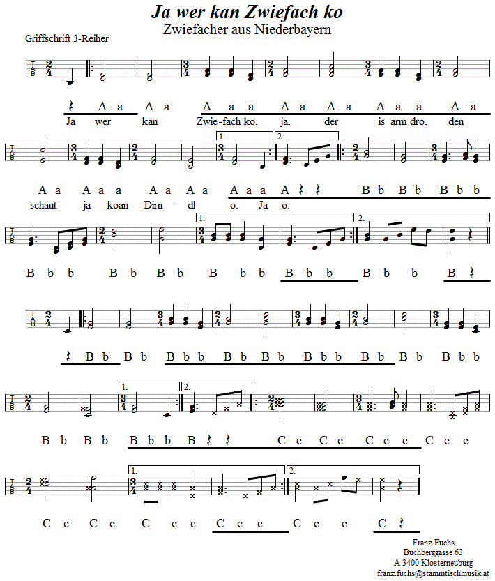 Ja wer kan Zwiefach ko, Zwiefacher in Griffschrift für Steirische Harmonika