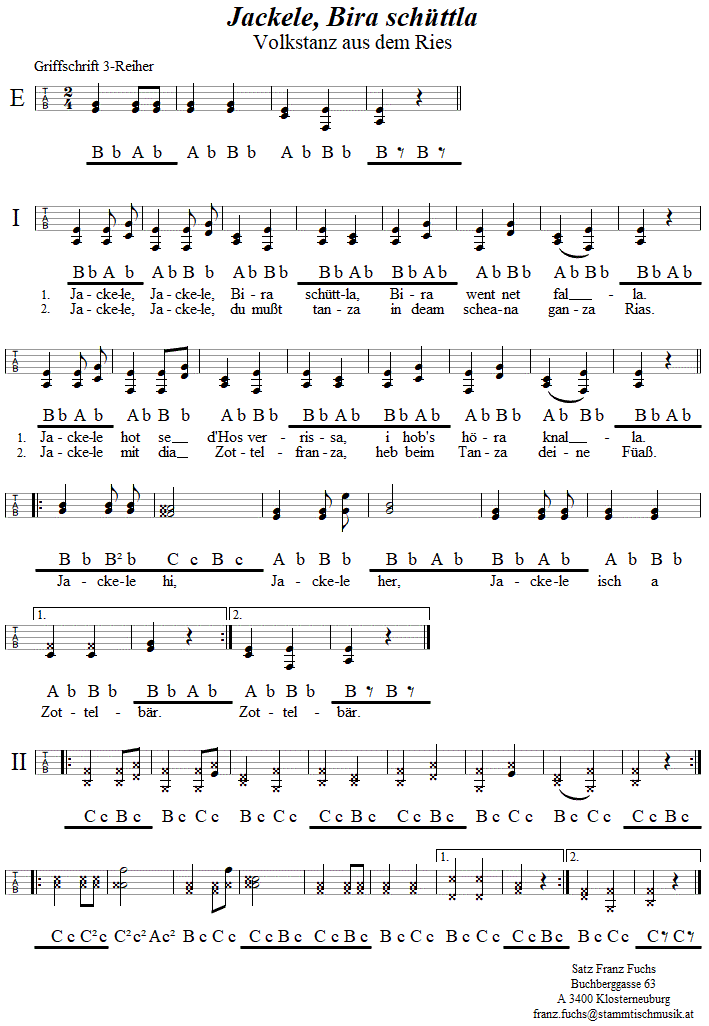 Jackele, Bira schüttla, in Griffschrift für Steirische Harmonika