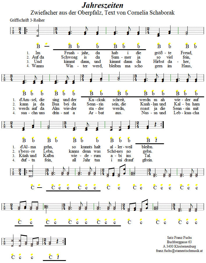 Jahreszeiten Zwiefacher, in Griffschrift für Steirische Harmonika