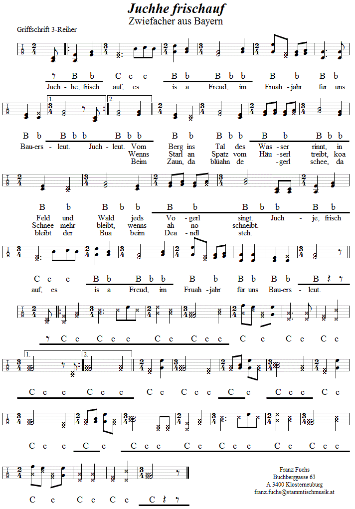 Juchhe frischauf Zwiefacher, in Griffschrift für Steirische Harmonika