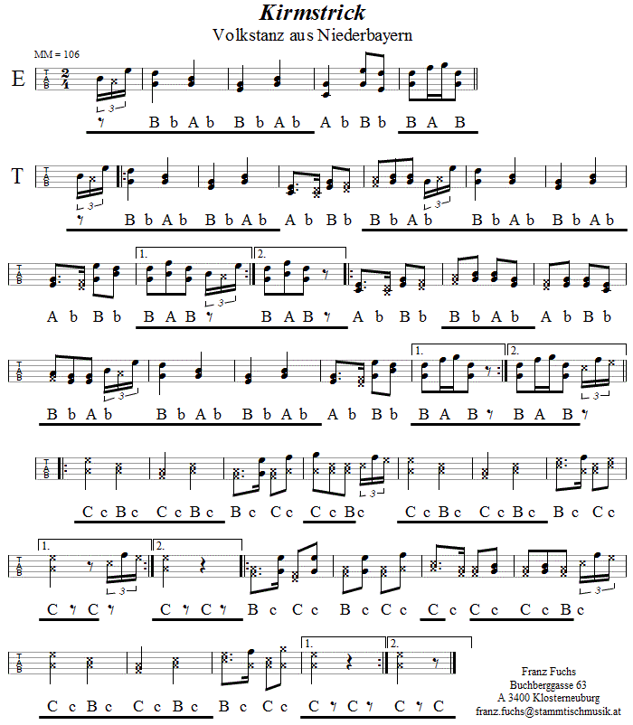 Kirmstrick in Griffschrift für steirische Harmonika - Musik zum Volkstanz - Volksmusik und Volkstanz in Klosterneuburg