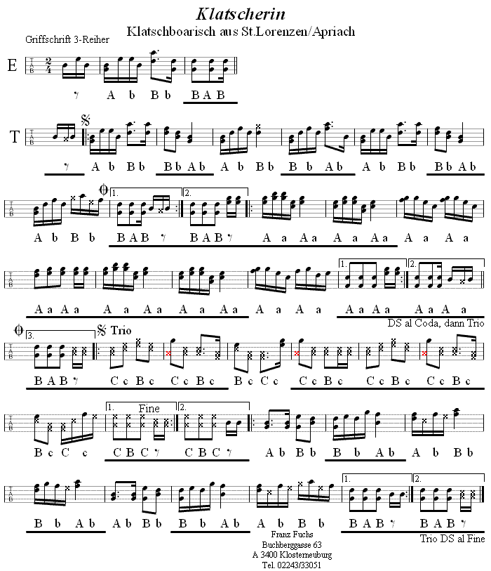 Die Klatscherin, Boarischer in Griffschrift für Steirische Harmonika