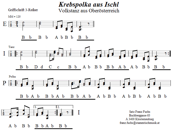 Krebspolka aus Ischl in Griffschrift - Musik zum Volkstanz - Volksmusik und Volkstanz