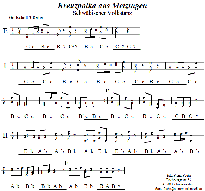 Kreuzpolka aus Metzingen, in Griffschrift für Steirische Harmonika